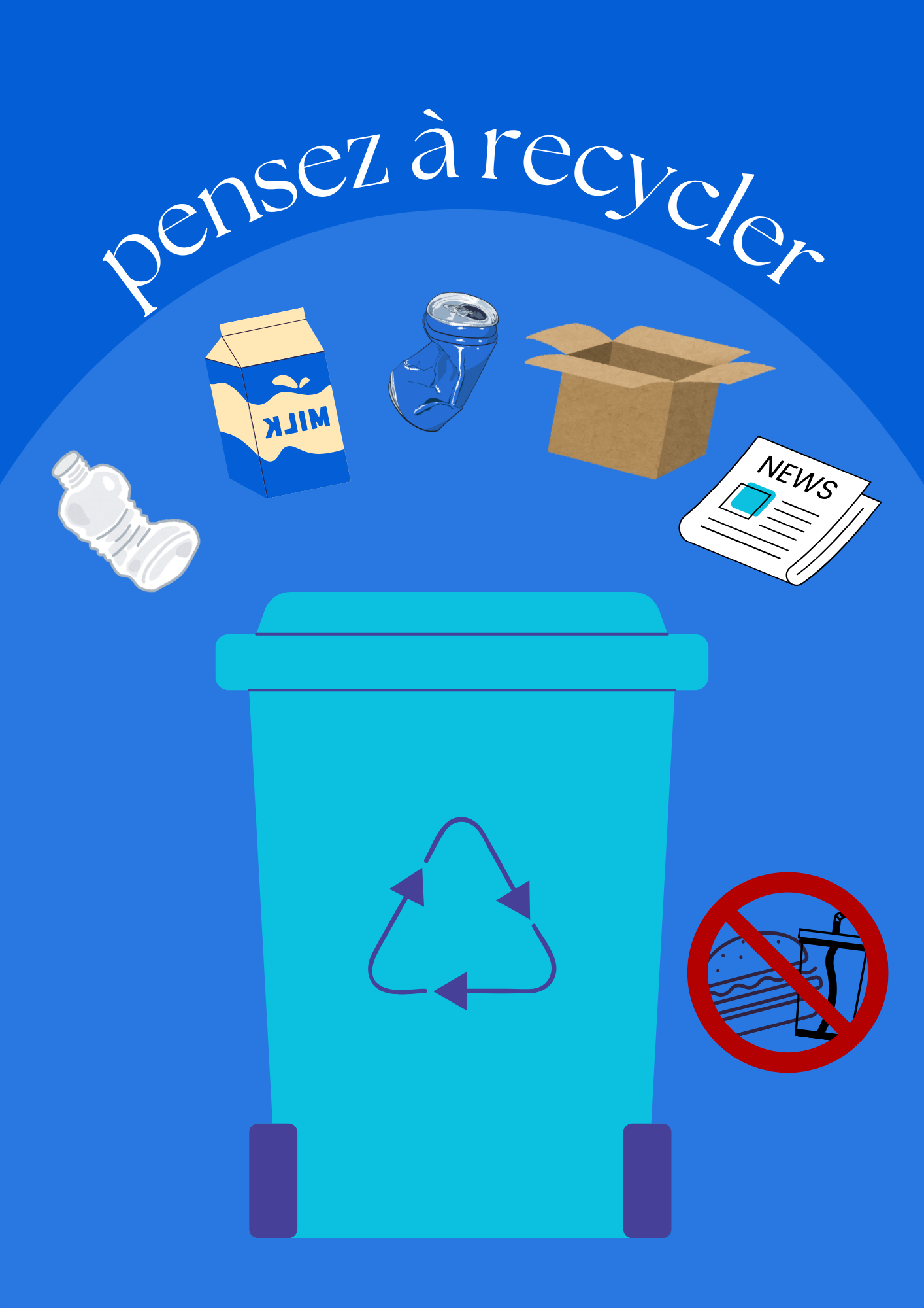 Affiche pensez à recycler Affiche sur fond bleu représentant une poubelle de recyclage au dessus de laquelle on voit une bouteille en plastique, un canette, des cartons prêt à être jetés, intitulée "pensez à recycler"
